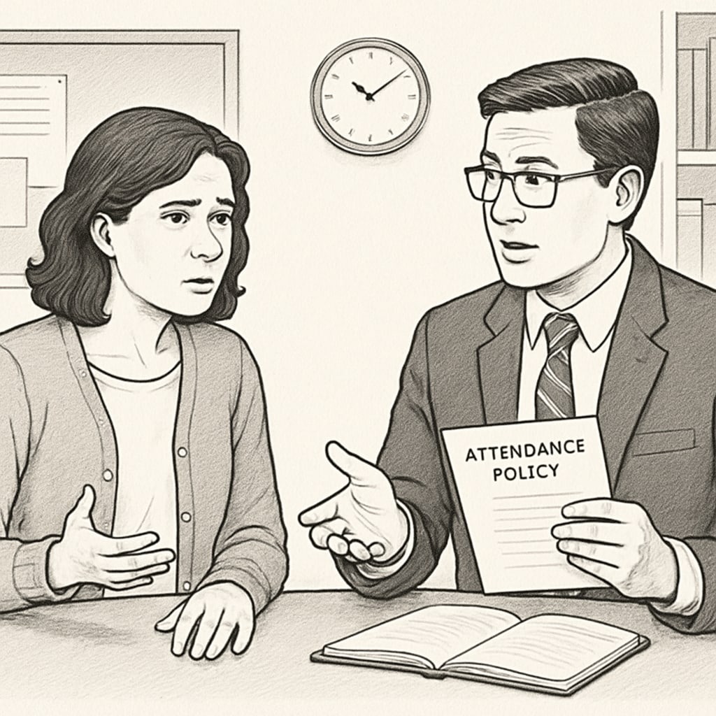 A concerned parent speaking with a school administrator regarding attendance policies Parent discussing school attendance rules with an administrator