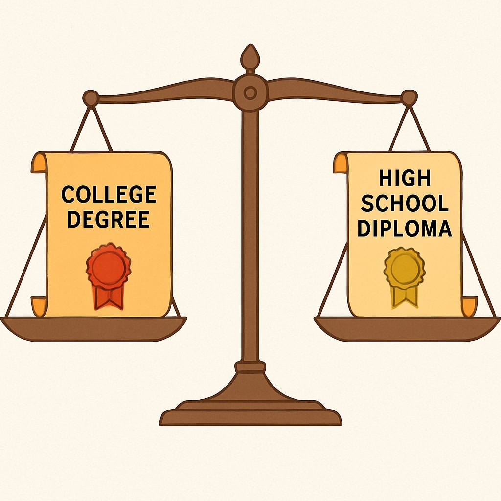 A conceptual image of a scale balancing a college degree on one side and a high school diploma on the other, emphasizing the imbalance in qualification value. A scale showing the imbalance between a college degree and a high school diploma.