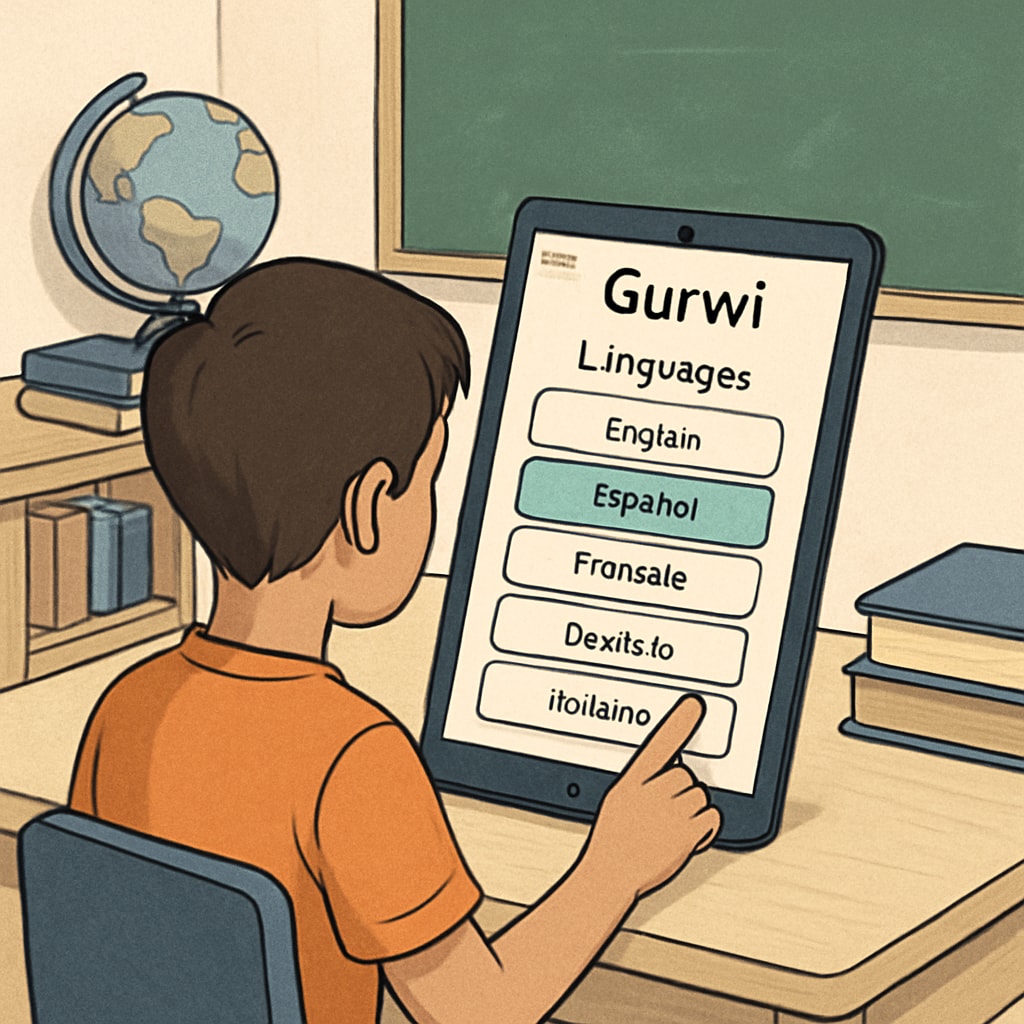 A student using a tablet to access an interactive learning app. The screen showcases diverse language options, emphasizing Gurwi's multi-language support. Interactive learning app with multi-language options displayed on a tablet screen
