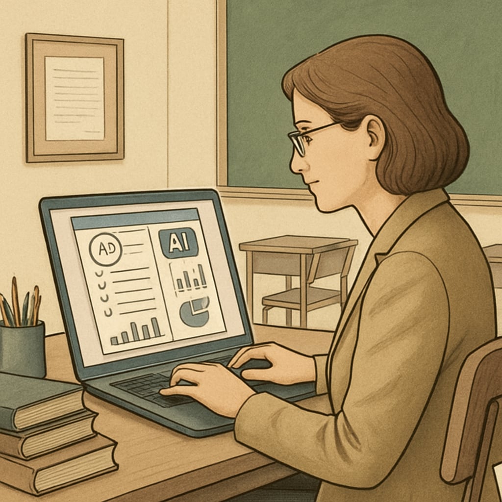 A teacher working on a laptop, with an AI-powered application displaying automated grading and analytics. AI-powered grading system reducing teacher workload.