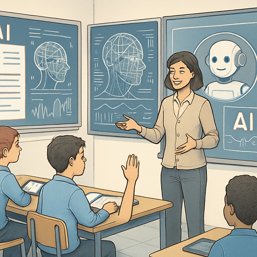 A futuristic classroom with a teacher interacting with students while AI tools operate on screens in the background. AI technology supporting teachers in a classroom.