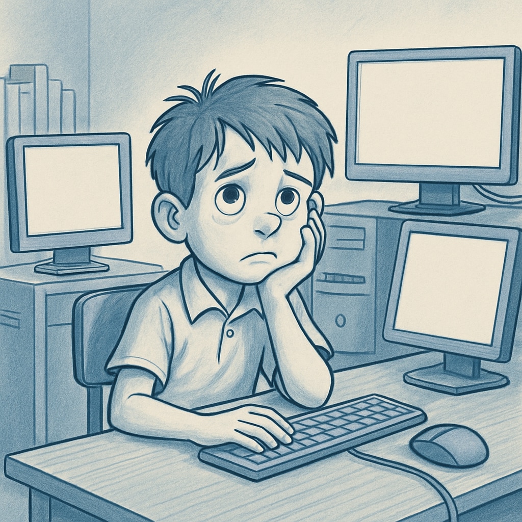 Child overwhelmed by excessive screen time, illustrating technology addiction.