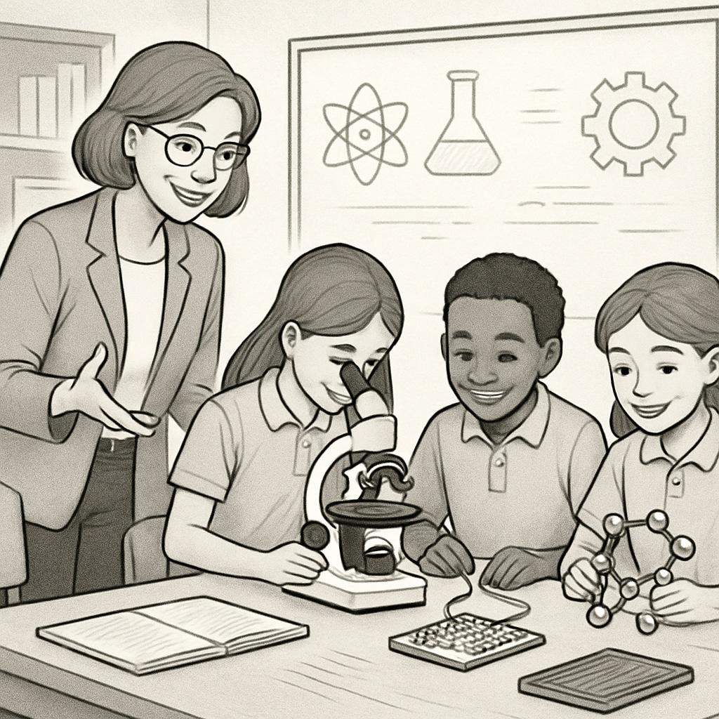 Teacher and students in a classroom working on a STEM activity
