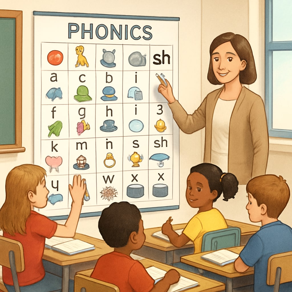 Phonics classroom with teacher and students learning from a chart.
