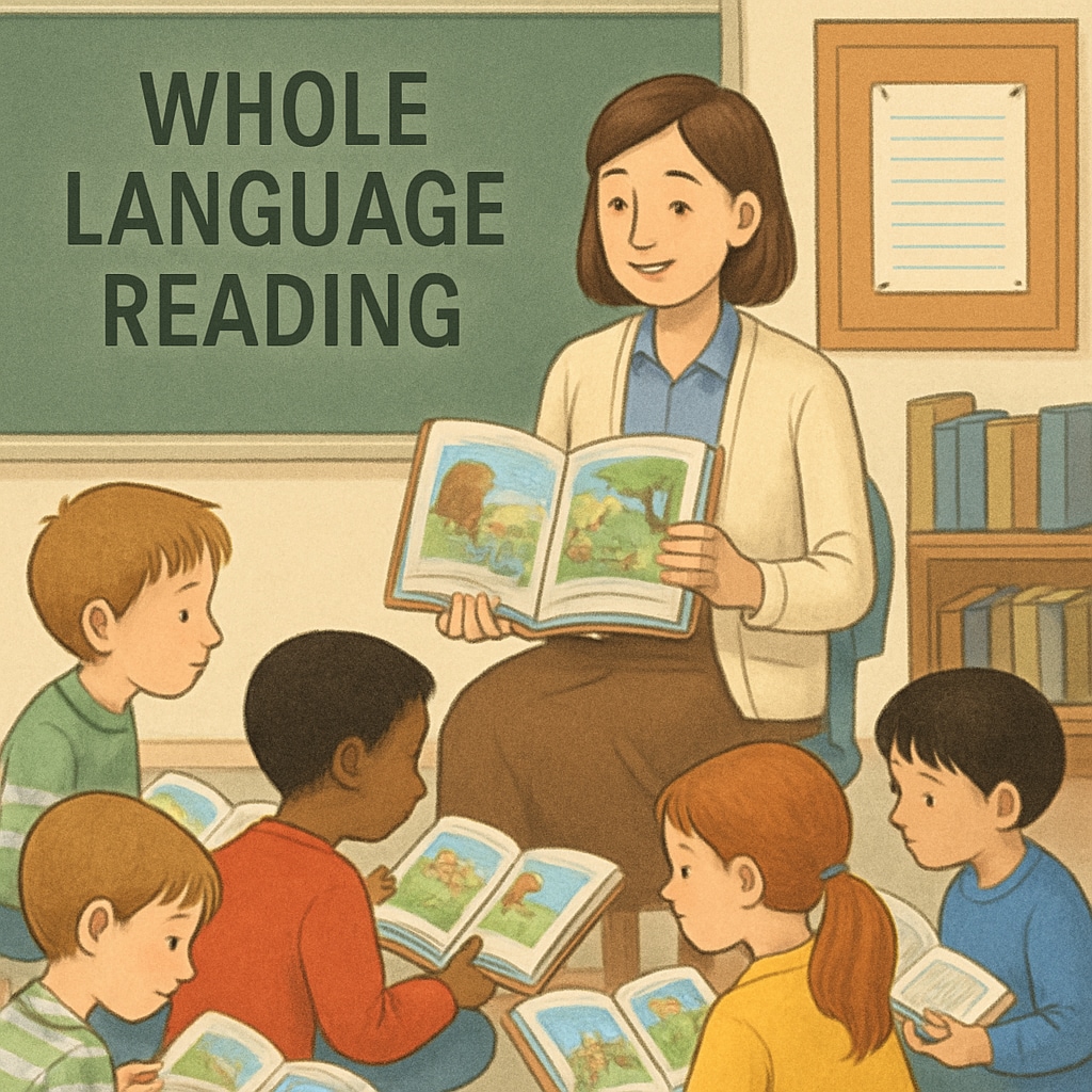 Whole language reading session with teacher and students.