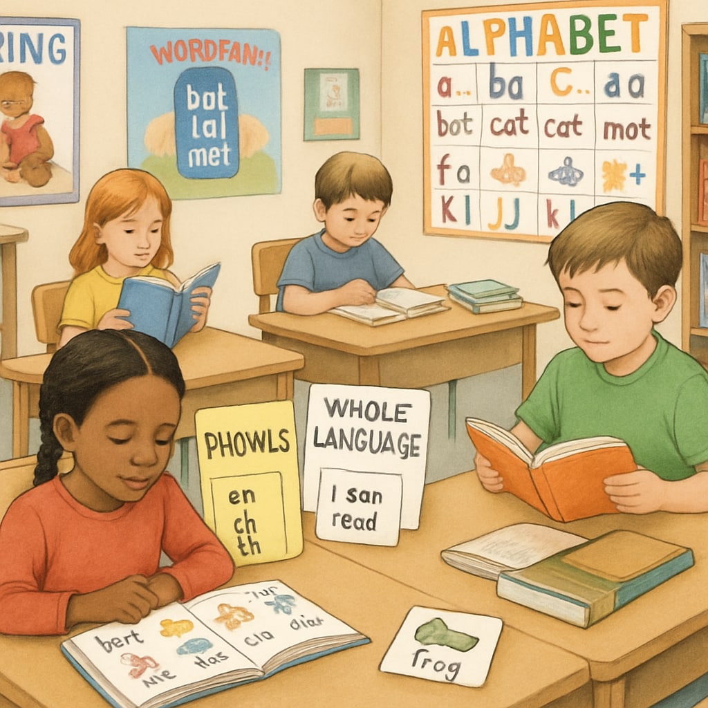 A classroom setting where children are engaged in reading activities, showcasing both phonics and whole language materials. Students learning reading through phonics and whole language methods in a classroom.