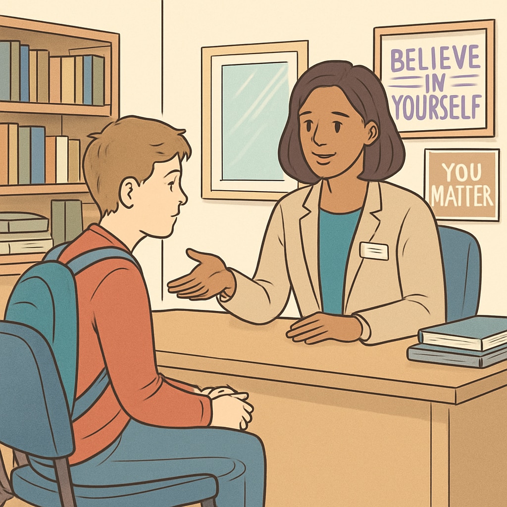 A school counselor speaking to a student in a comforting office environment, highlighting the role's importance. A school counselor supporting a student in a non-teaching role aligned with school schedules.
