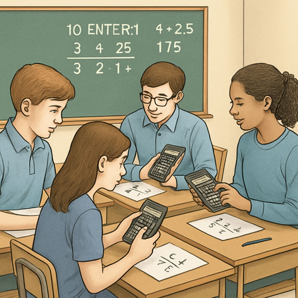 A classroom setting where students are actively using RPN calculators for solving mathematical problems. Students using RPN calculators in a K12 classroom