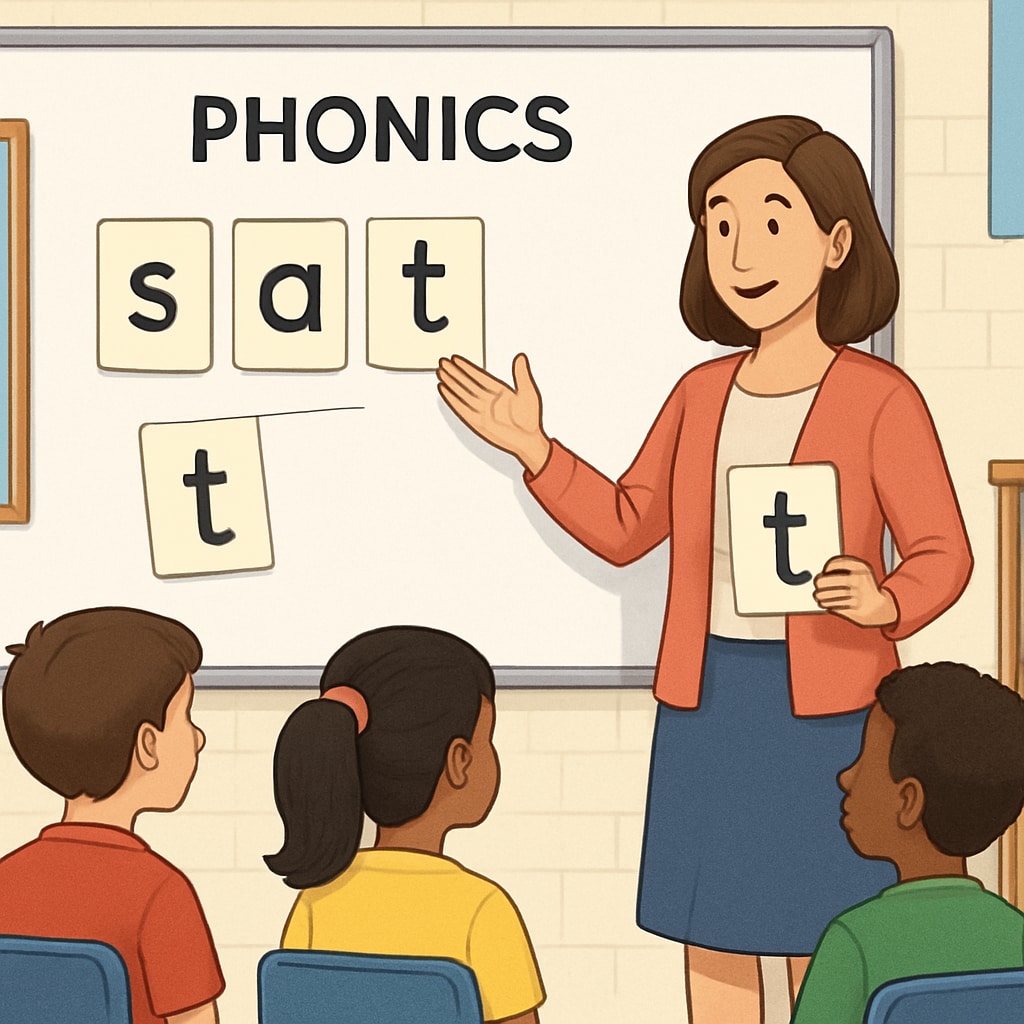 A teacher demonstrating phonics instruction with sound cards and a whiteboard in a classroom setting. Phonics instruction in a classroom with sound cards and a teacher guiding students.