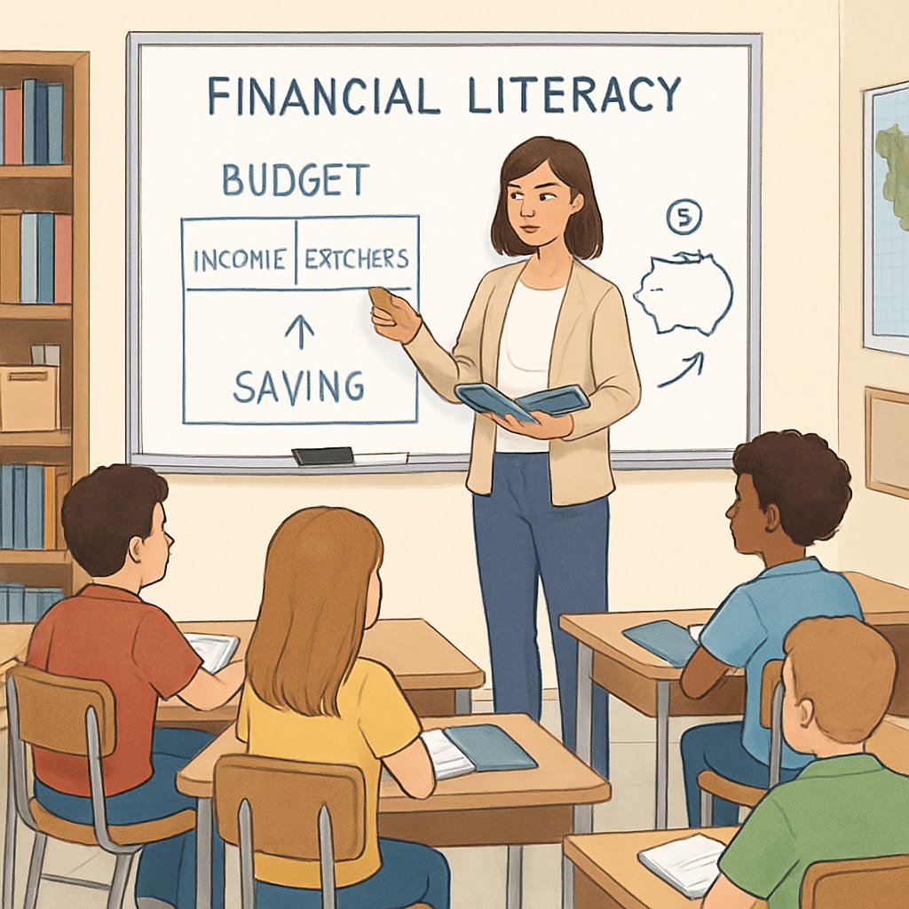 A classroom with students learning about financial literacy, with a teacher explaining budgeting and saving on a whiteboard. Students learning about financial literacy in a classroom.