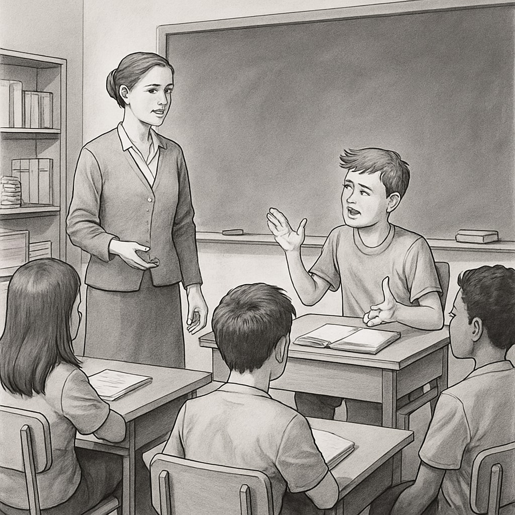 A classroom scene showing a teacher calmly addressing a disruptive student. Teacher addressing a disruptive student in a classroom, fostering a positive environment.