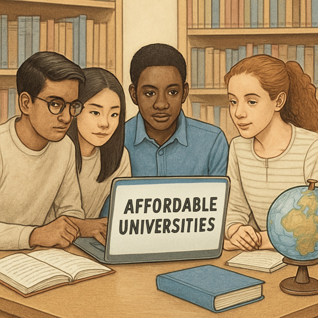 A diverse group of international students researching affordable universities on a laptop. International students researching affordable universities with AS-level qualifications.