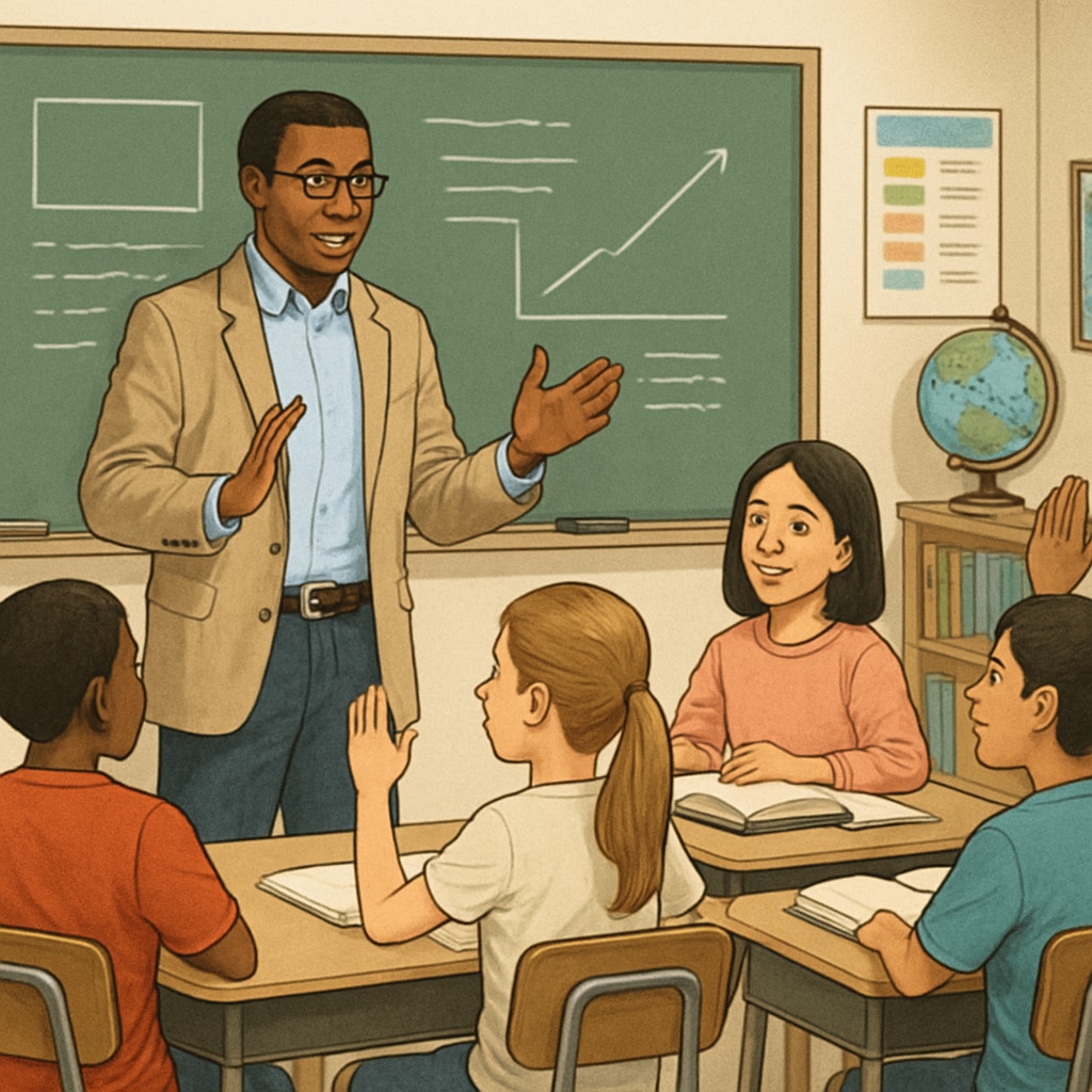 Teacher engaging students in a classroom to highlight the importance of maintaining order in public schools.