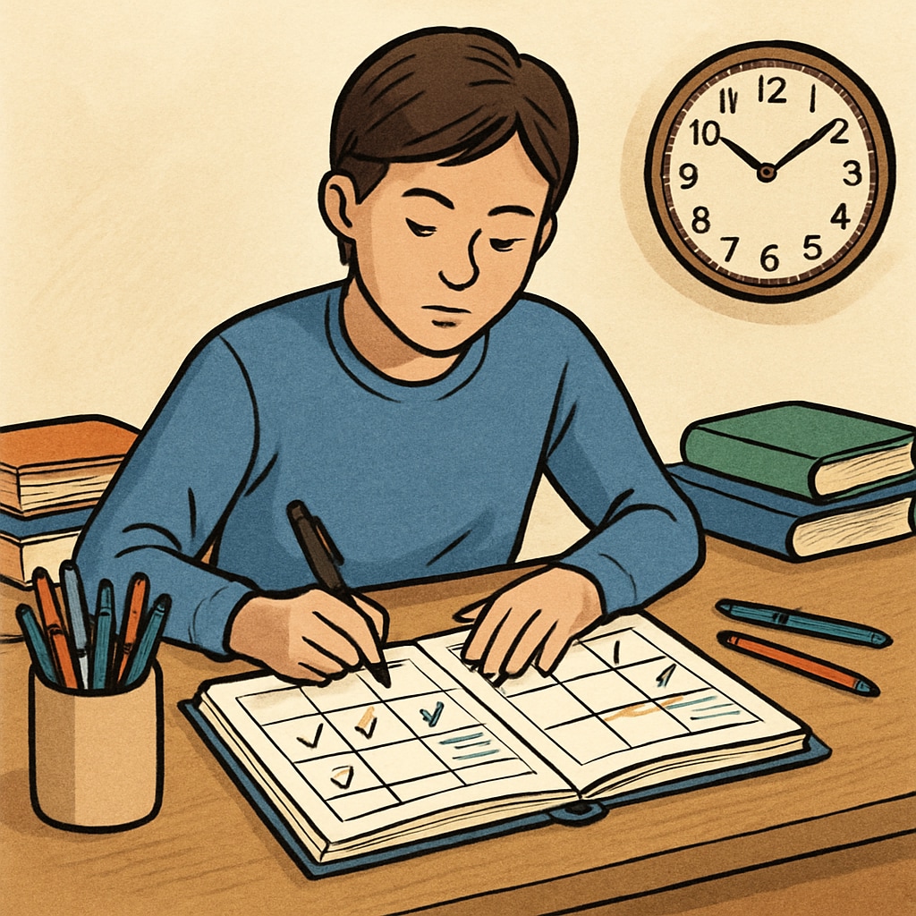 A student using a planner or calendar to organize tasks and deadlines, representing the importance of time management. Student organizing tasks in a planner to practice time management.
