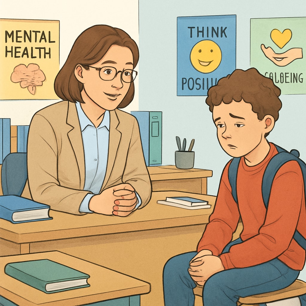 A counselor working with a student in a school setting, highlighting mental health support. School counselor providing mental health support to a student.
