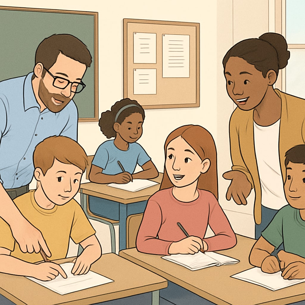 A classroom setting where teachers are actively engaging with students, aiding them in completing assignments and fostering critical thinking. Teachers supporting students in a K12 classroom environment, promoting academic success.