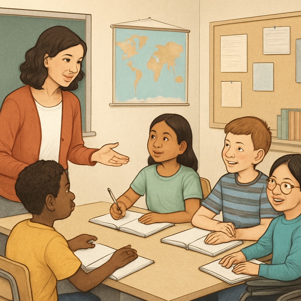 A teacher interacting with students in a mixed-ability group, symbolizing inclusivity in education. Teacher with a mixed-ability group promoting inclusivity.