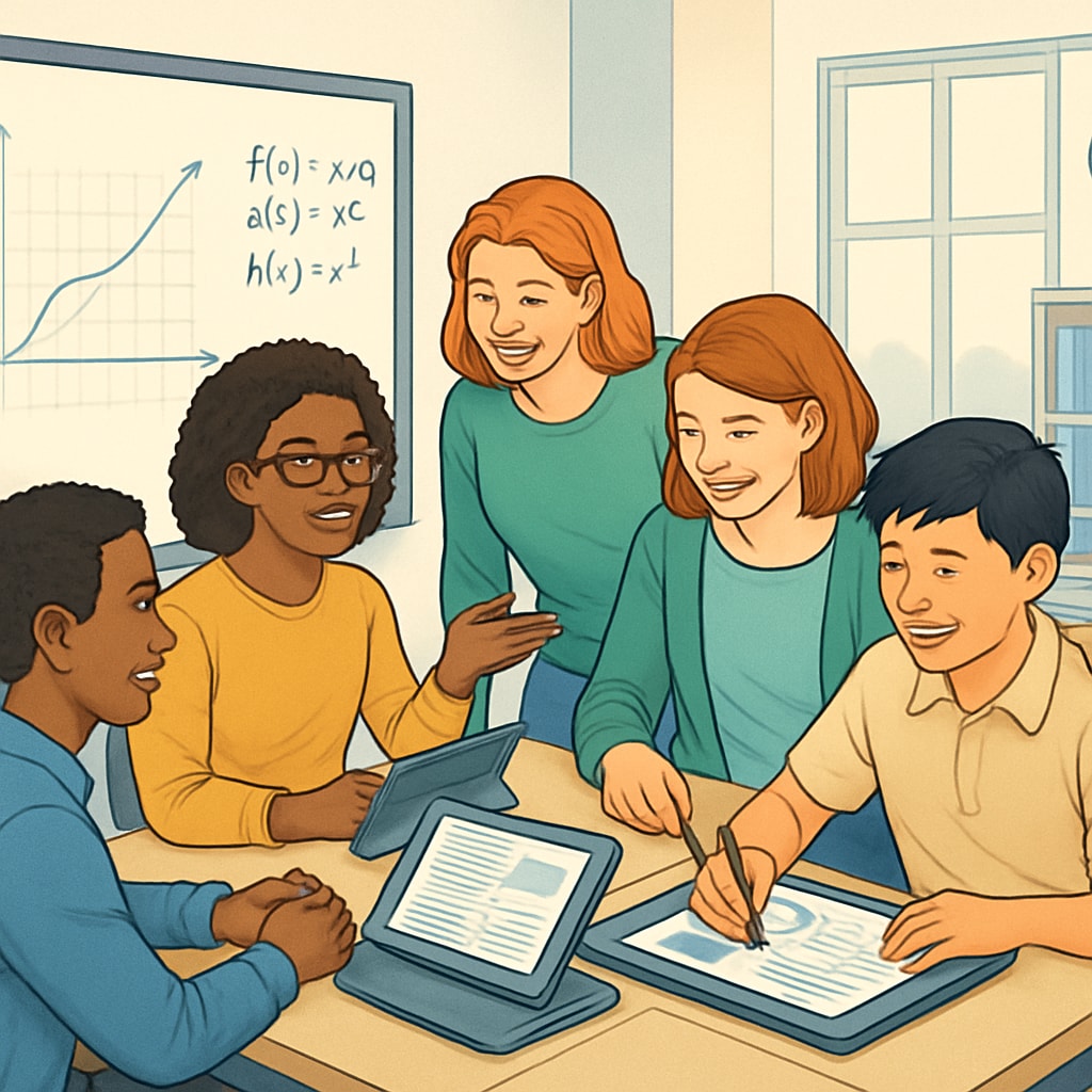 A diverse group of students collaborating on a project in a modern classroom equipped with adaptive learning technology. Students working together in a modern adaptive learning classroom to enhance inclusivity.