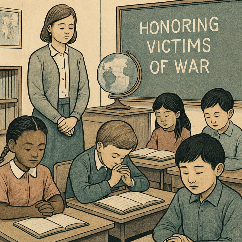 A classroom holding a moment of silence to commemorate global war victims, emphasizing unity and education. Classroom commemorating global war victims, emphasizing education and unity.