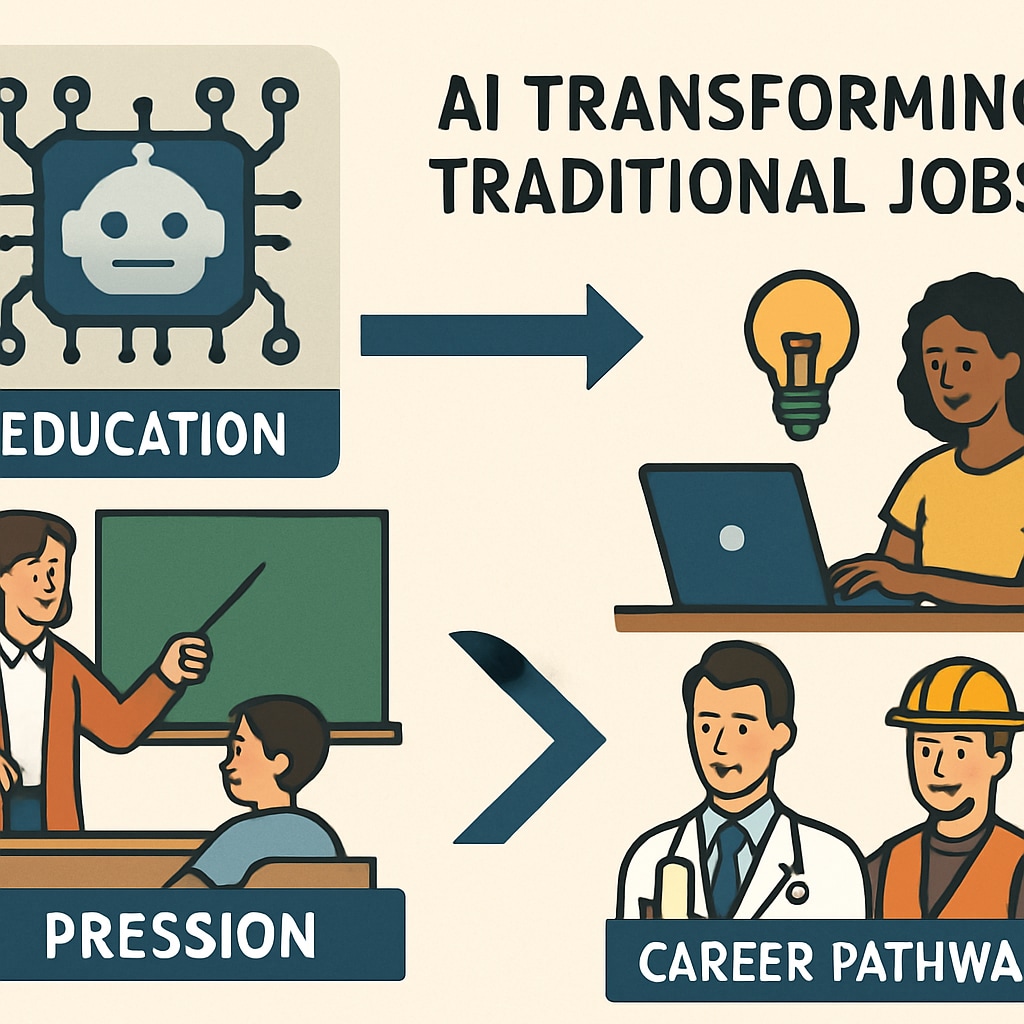 A conceptual illustration of AI transforming traditional jobs, with a focus on education and career pathways. AI transforming jobs and education, with a focus on career pathways.