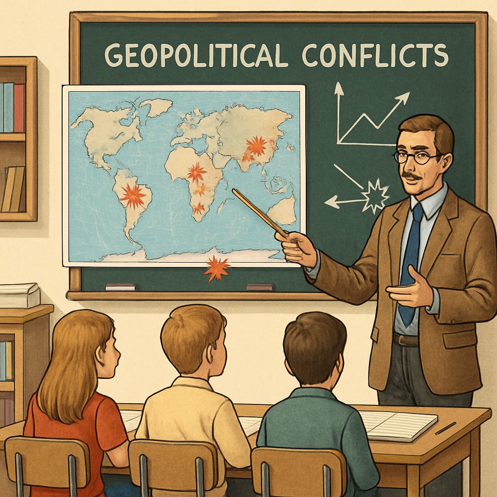 A teacher explaining geopolitical conflicts in a classroom setting, promoting critical thinking among students. Teacher discussing geopolitical issues to foster student understanding.