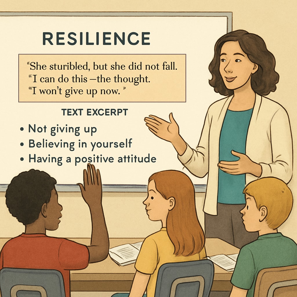 Teacher discussing resilience theme in an ELA classroom with text excerpts and student input.