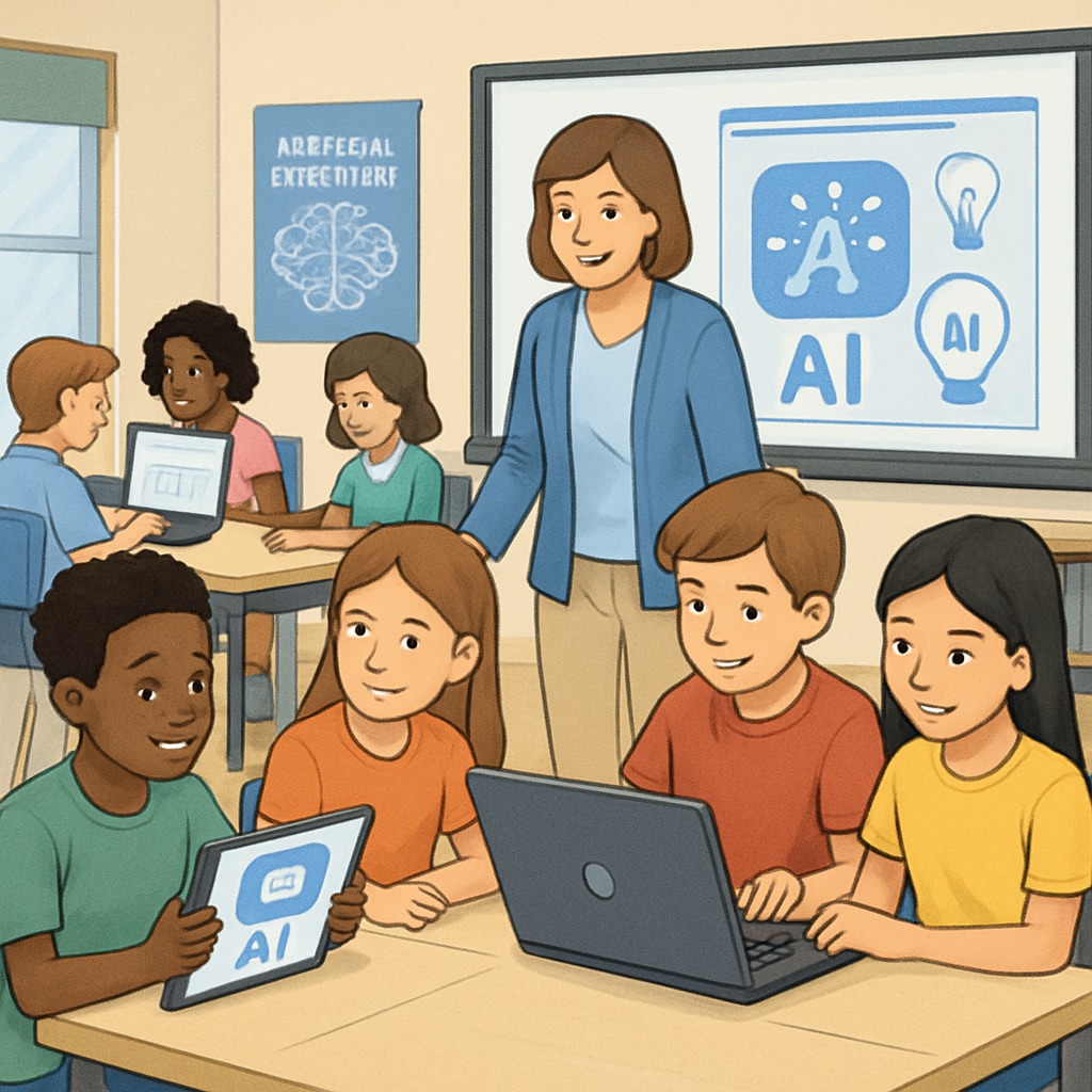 A classroom setting where students engage with AI tools, illustrating the integration of technology in K12 education. Students using AI tools in a classroom to learn future skills.