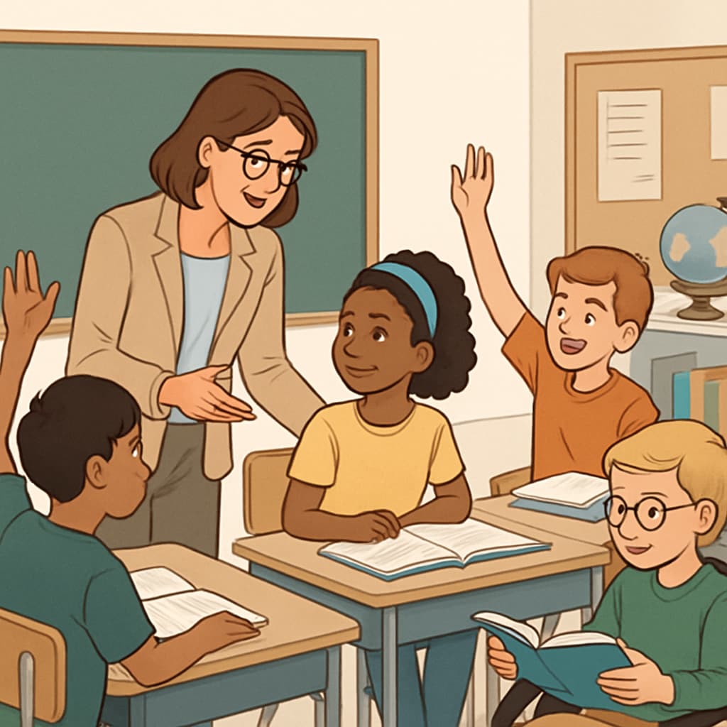 A teacher interacting with diverse students in a classroom setting, emphasizing inclusive education practices. A classroom scene highlighting inclusive education, featuring diverse students and a teacher encouraging group learning.