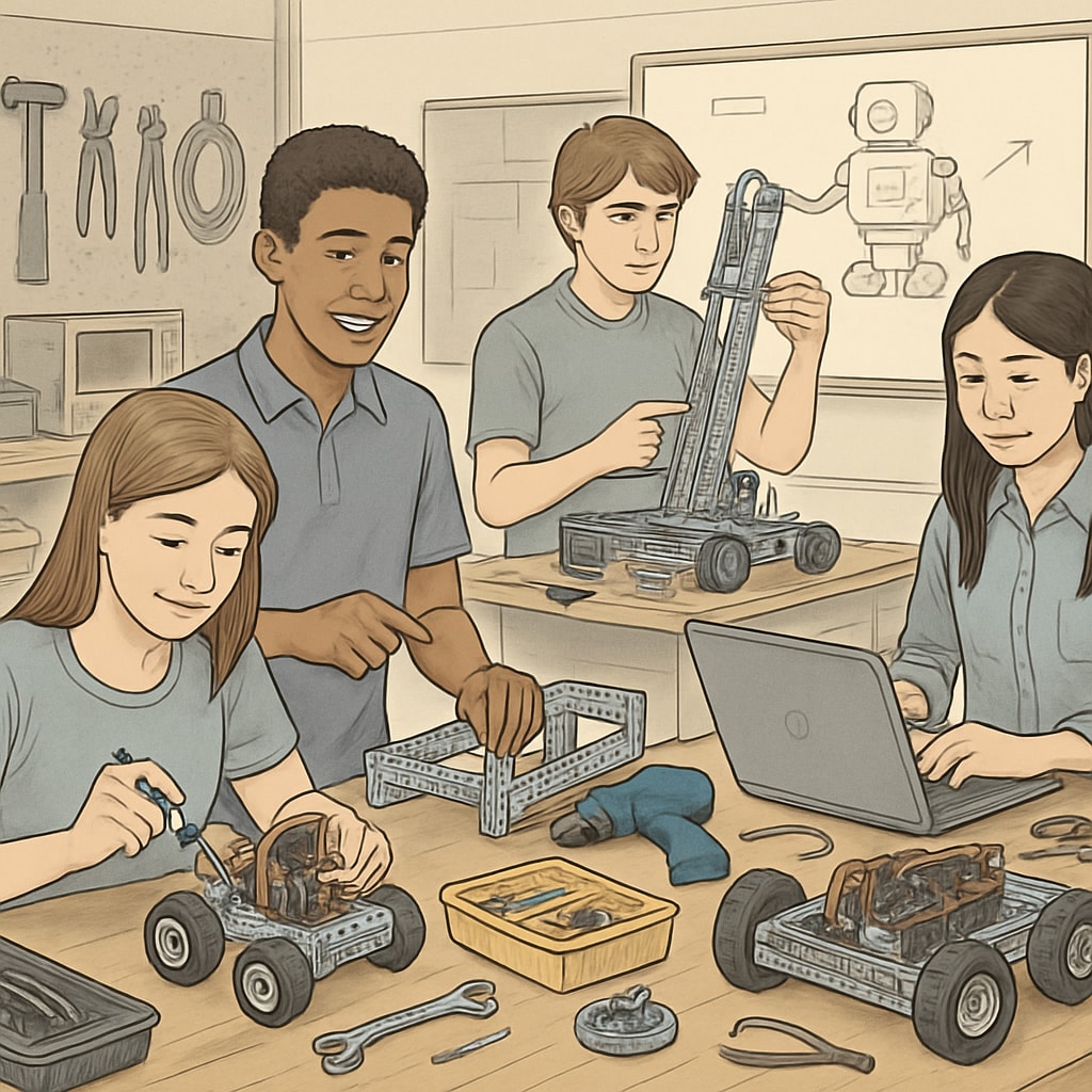 High school students participating in a robotics workshop.