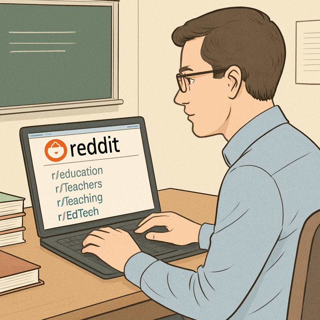 An illustration of a teacher browsing Reddit on a laptop, with educational subreddits on the screen. Teacher exploring Reddit educational subreddits for community rules and teaching resources.