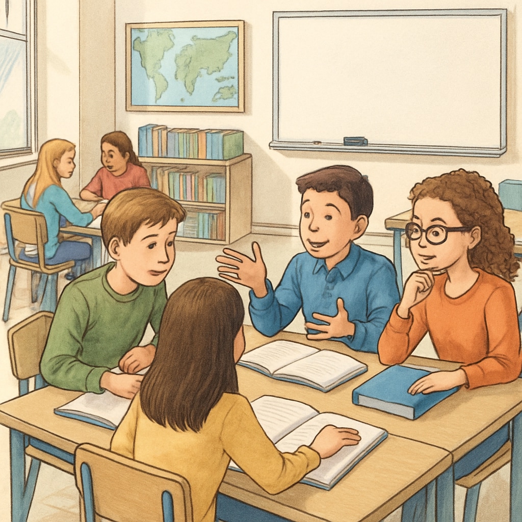 A classroom setting with students engaged in a group discussion, representing critical thinking development. Students in a classroom discussing topics, symbolizing education's role in critical thinking.