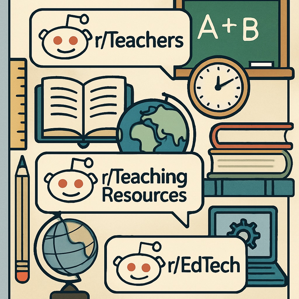A collage of subreddit logos, including r/Teachers, r/TeachingResources, and r/EdTech, representing the diversity of educational communities on Reddit. Logos of popular educational subreddits on Reddit for K12 resources and discussions.