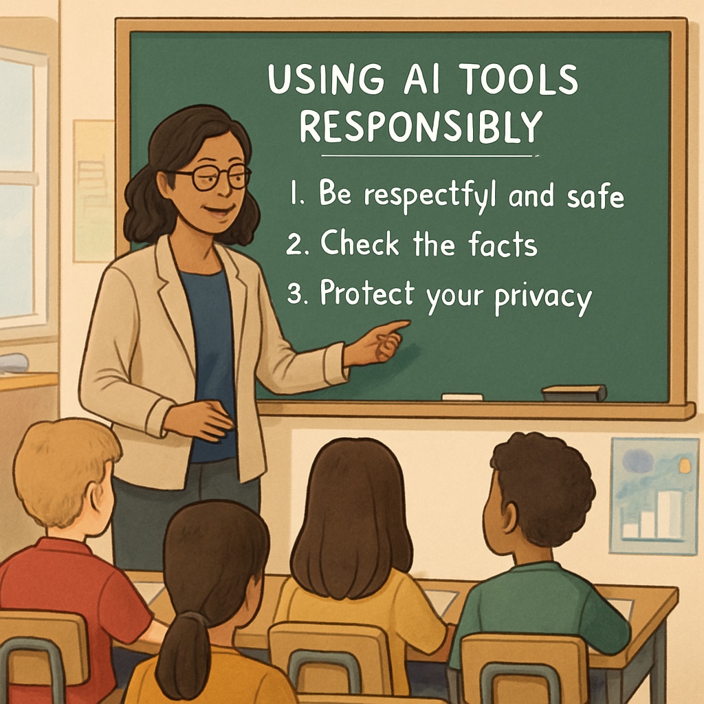 A teacher guiding students on how to use AI tools like ChatGPT responsibly in a classroom setting. A teacher explaining responsible ChatGPT use to students in a classroom.