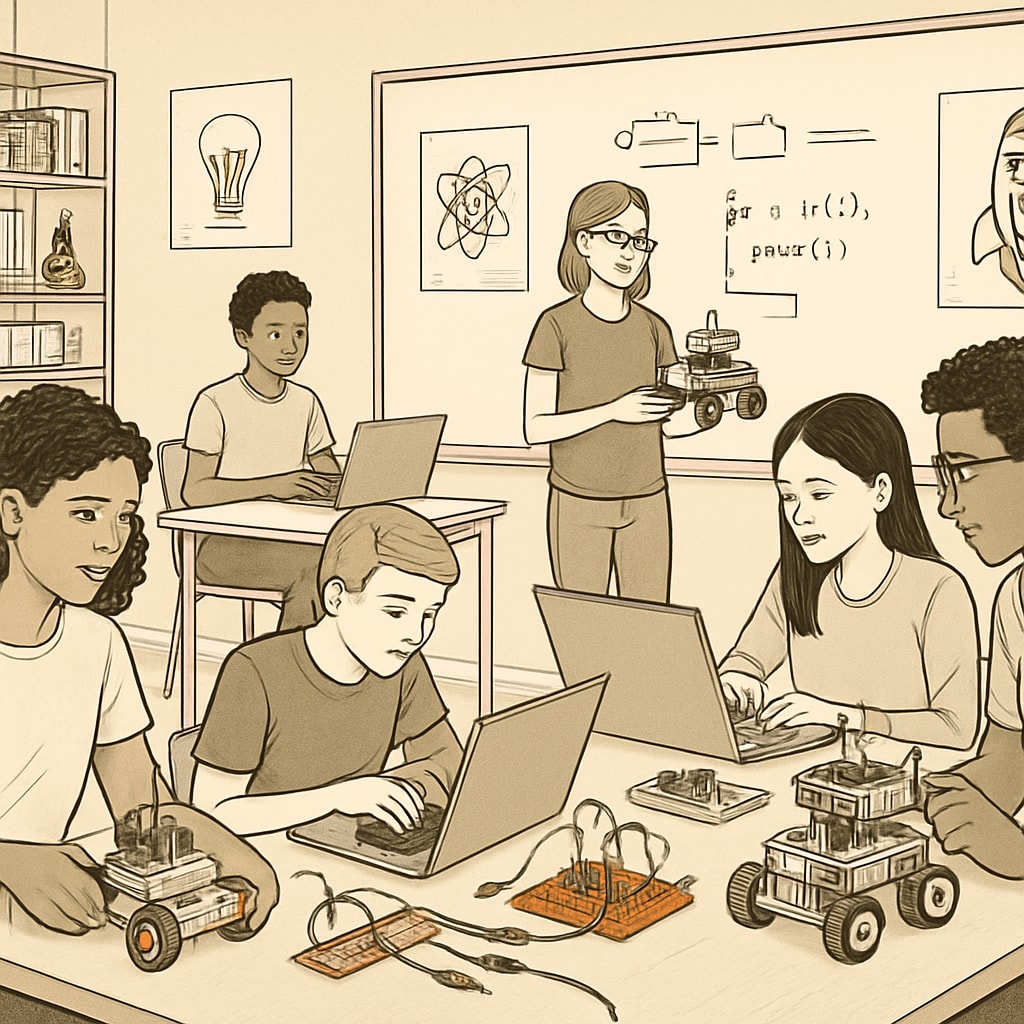 A high school STEM classroom showcasing students engaged in robotics and coding projects. High school STEM classroom with robotics and coding activities.
