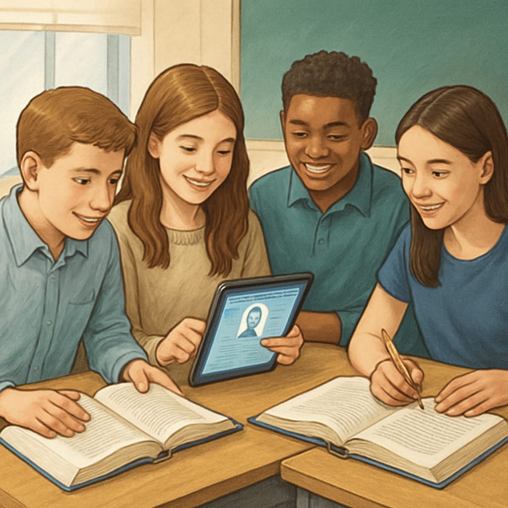 Students collaborating in a classroom, using a combination of textbooks and AI tools like ChatGPT on tablets. A group of students using ChatGPT on tablets alongside traditional learning materials.