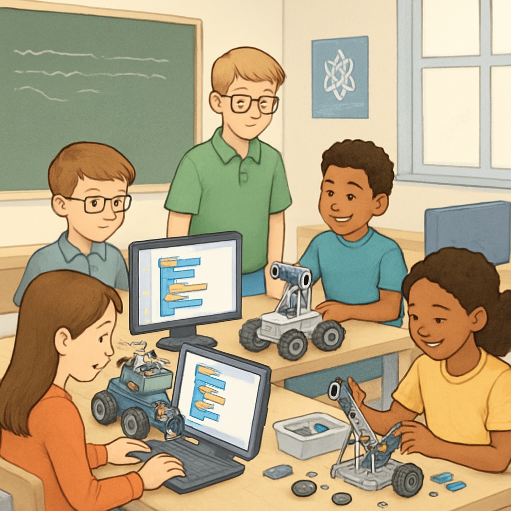 A classroom with students working on coding and robotics projects, representing a STEM-focused curriculum. Students engaging in STEM education through coding and robotics projects.