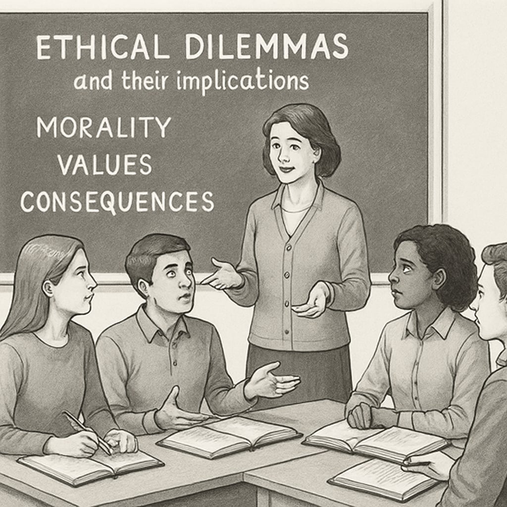 Students in a philosophy class discussing ethical dilemmas and their implications. Philosophy class in high school focused on ethical reasoning and dilemmas.