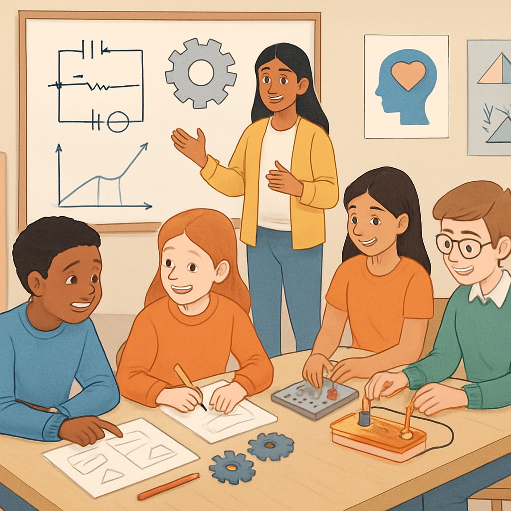 Students participating in a collaborative problem-solving workshop that combines STEM and emotional intelligence training. Students in a workshop blending STEM and emotional intelligence education.