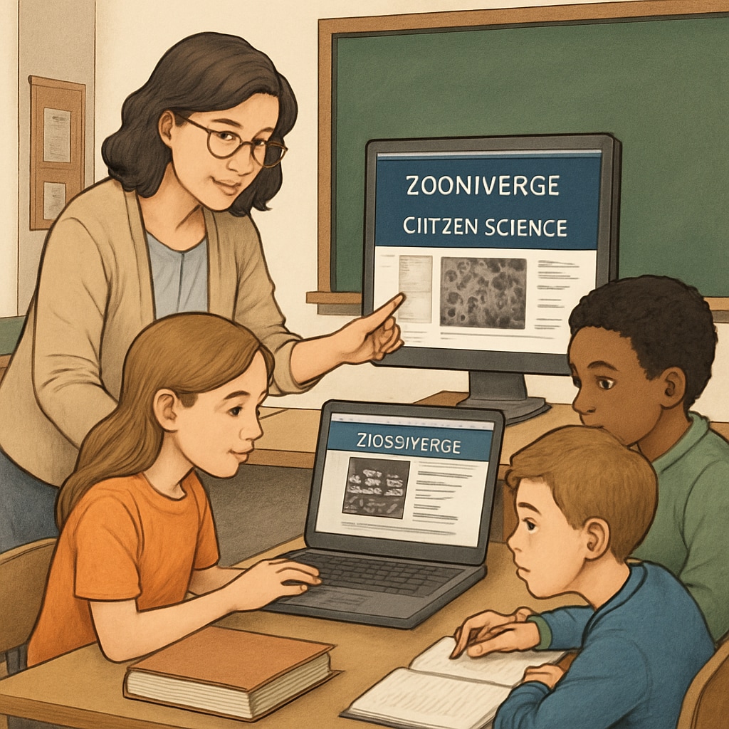 K12 students and a teacher engaging in a Zooniverse citizen science project.