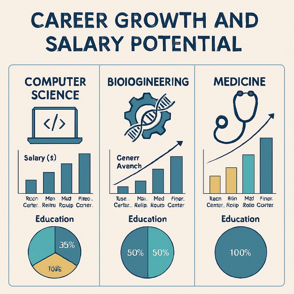 A visually engaging infographic comparing career growth and salary potential in computer science, bioengineering, and medicine. Infographic comparing STEM career growth and salary in computer science, bioengineering, and medicine