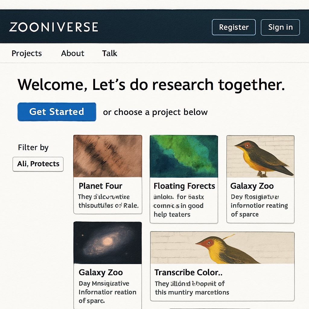 The Zooniverse platform displaying citizen science projects for volunteers.