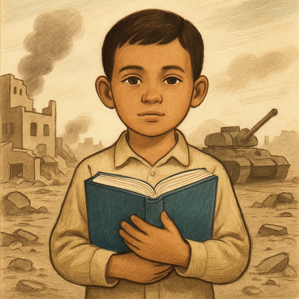 A child holding a book in a conflict-affected region, symbolizing the power of education. A child in a war zone, holding a book as a symbol of hope and education.
