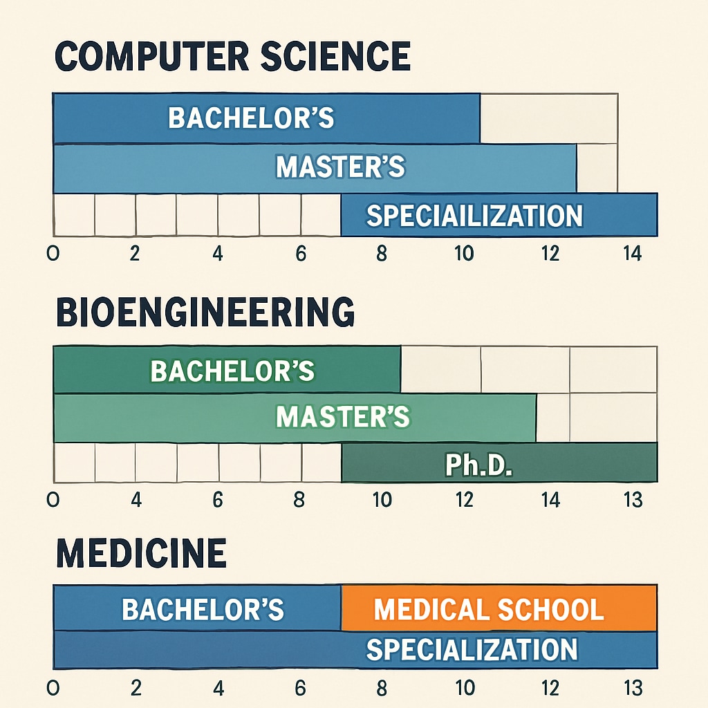 A detailed chart illustrating academic timelines for computer science, bioengineering, and medicine, including degree durations and specialization options. Chart showing academic timelines for computer science, bioengineering, and medicine