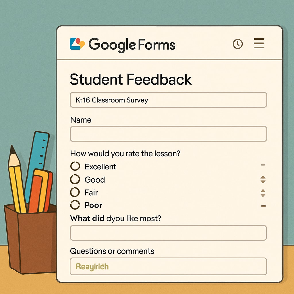 A screenshot of Google Forms being used to create a survey for collecting student feedback in a K-12 classroom. Google Forms survey creation for K-12 data collection.