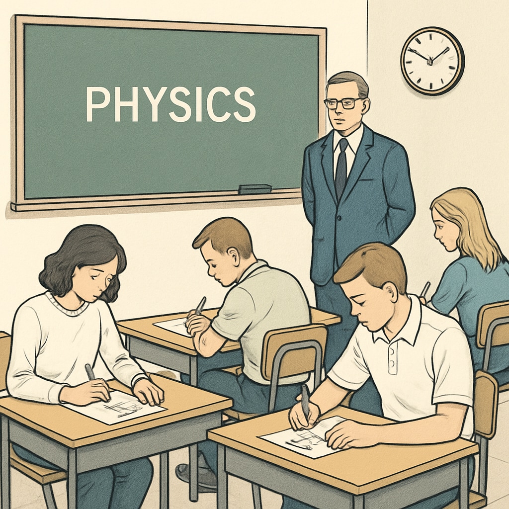 A classroom setting showing students taking a physics exam, emphasizing authority in academic evaluation. Students taking a physics exam, illustrating academic evaluation authority.