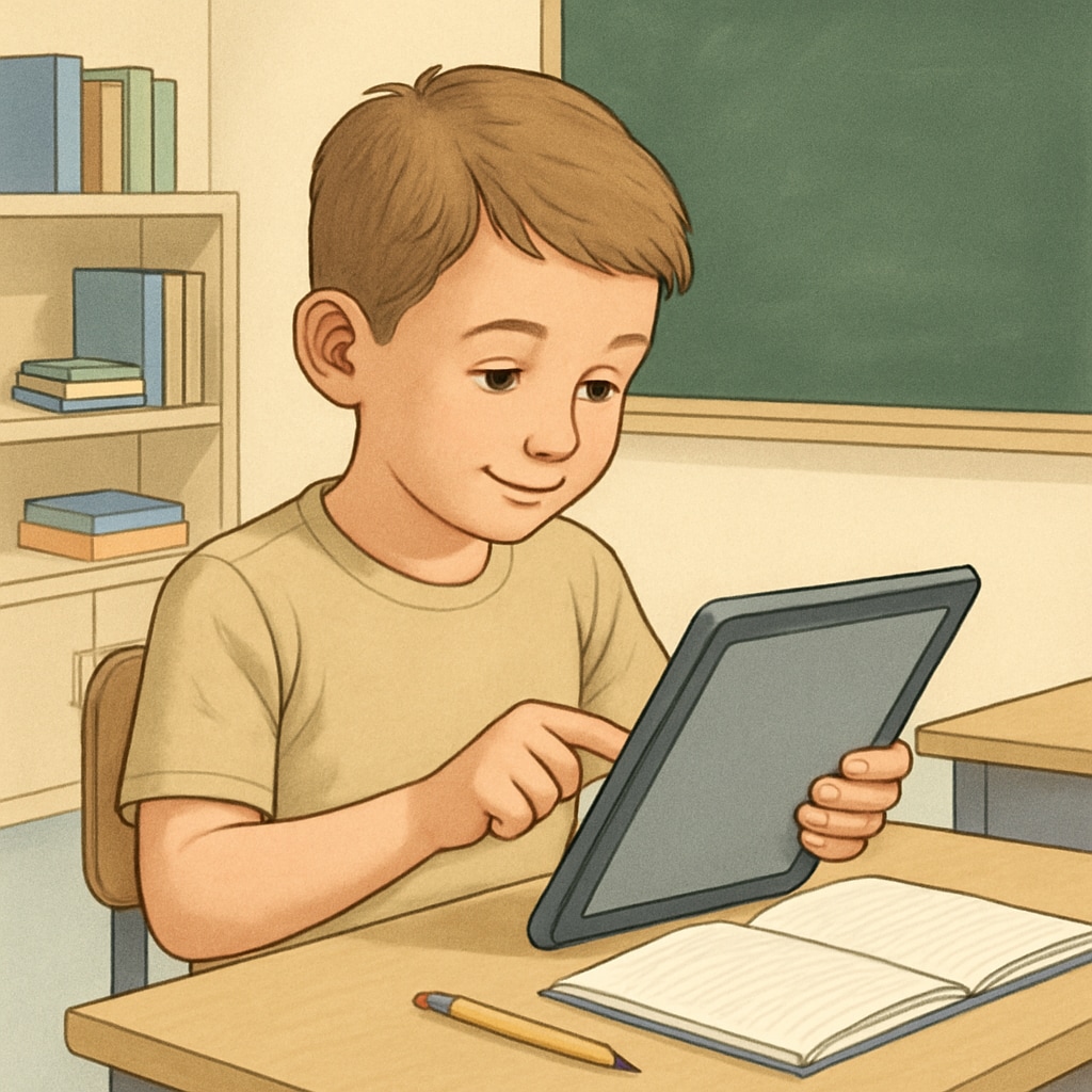 A child using a tablet in a classroom, highlighting technology in K12 education.