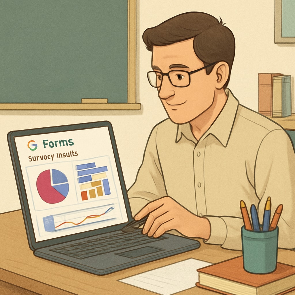 A teacher reviewing Google Forms survey results on a laptop, with colorful charts and graphs visible on the screen. Teacher analyzing Google Forms data with charts and graphs.