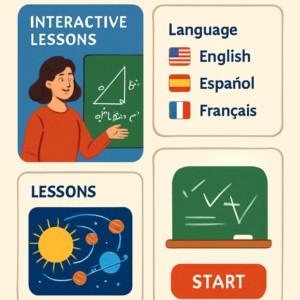 Interactive education app interface with multi-language features for K12 students