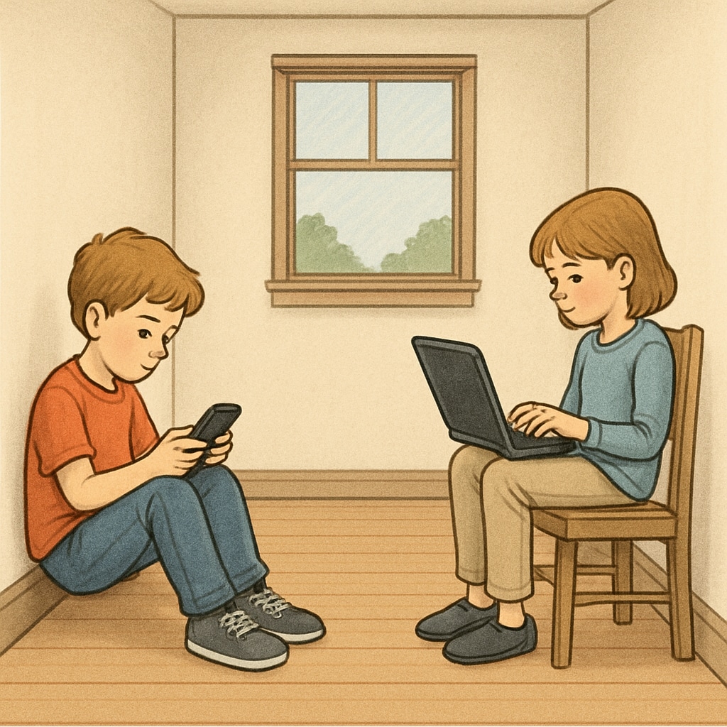 Two children absorbed in their devices, representing reduced social interaction due to technology.