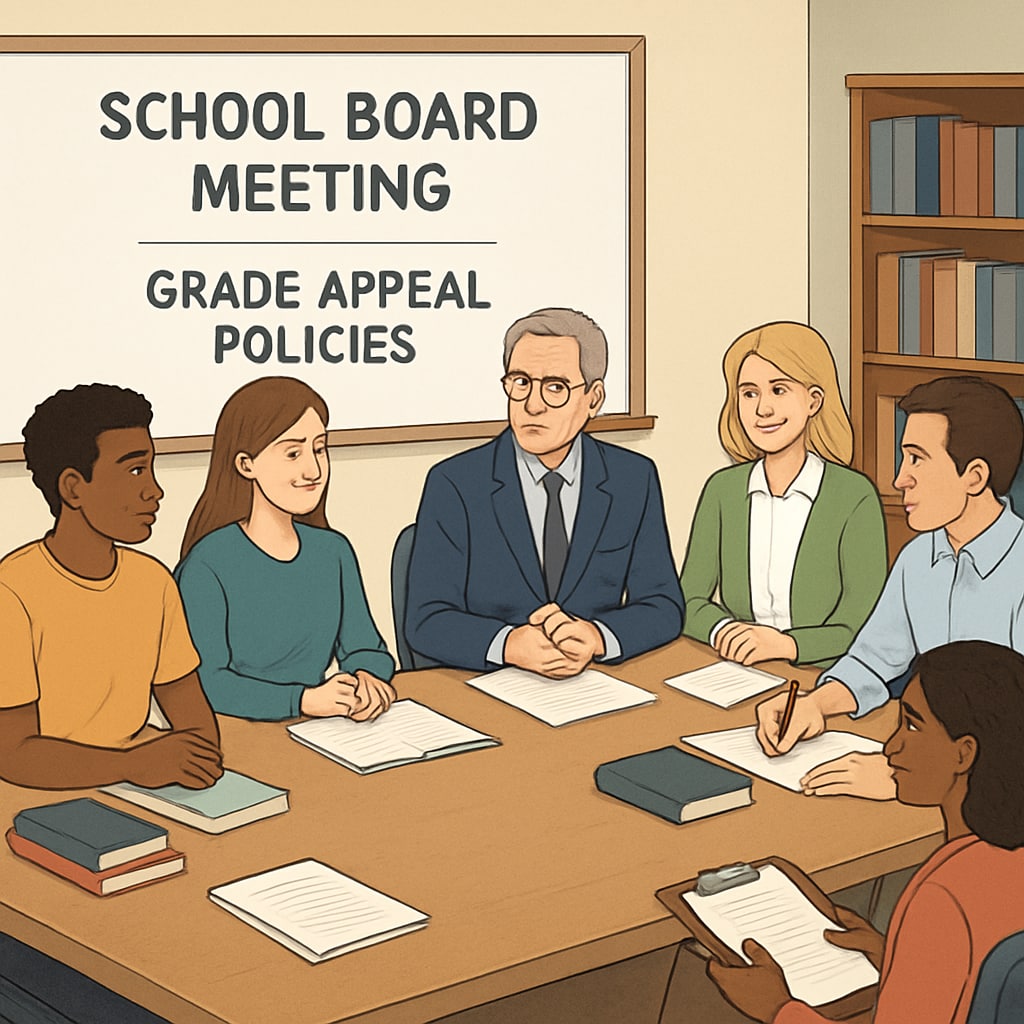 A school board meeting discussing fair grade appeal policies, symbolizing collaboration between students, teachers, and administrators. A school board meeting discussing grade appeal policies.